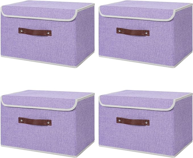 ANMINY 4PCS Storage Bins with Lid PU Leather Handles Storage Boxes PP Plastic Board Decorative Foldable Lidded Cotton Linen Fabric Home Cubes Baskets Closet Organizer Containers - Purple, Large Size by ANMINY