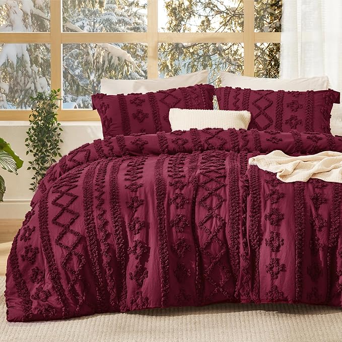Bedsure Tufted Boho Comforter Set King Size - Burgundy Boho Bed Set, GentleSoft™ 3 Pieces Farmhouse Shabby Chic Embroidery Bedding, Gifts for Woman, Soft Jacquard King Comforter for All Seasons