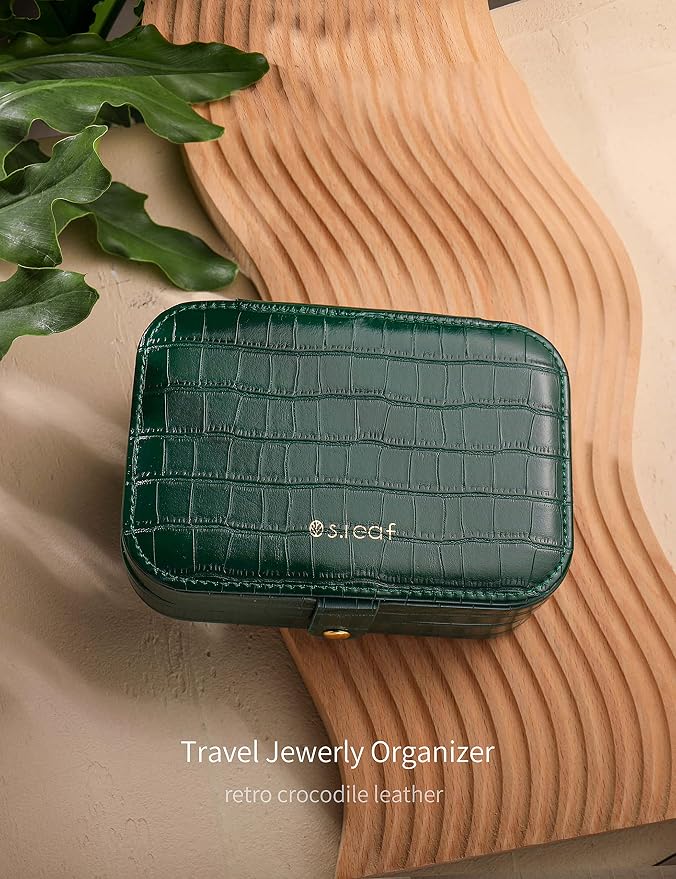 S.Leaf Travel Jewelry Organizer Boxes for Women Small Portable Necklace Earrings Bracelet Rings Travel Case Best Friend Birthday Gifts for Women Trendy (13_Crocodile_Emerald_Big) - Image 2