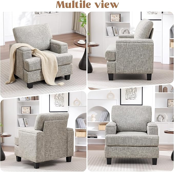 Accent Chairs Set of 2 with Armrest Storage, Upholstered Reading Living Room Chairs, Modern Comfy Large Armchairs, Fabric Single Sofa Chair for Bedroom (Light Grey)
