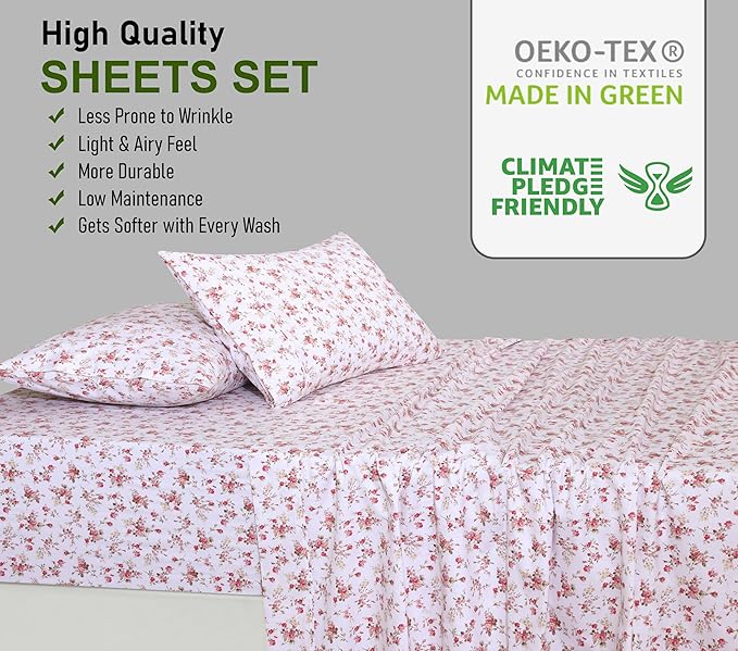 RUVANTI 100% Cotton Sheets – Twin XL Size Percale Bedding, Cooling & Breathable Floral Design, Durable with a Crisp, Soft & Comfortable Feel, 16" Deep Pocket, 3-Piece Set, Bouquet