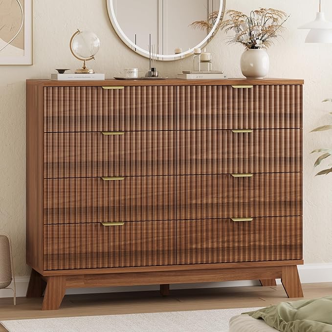 Xixini Fluted Dresser for Bedroom with 8 Drawers, 48" Wide Modern Chest of Drawers with Metal Handle, Wooden Dresser TV Stand, Wood Closet Clothes Storage Organizer for Living Room, Hallway, Walnut