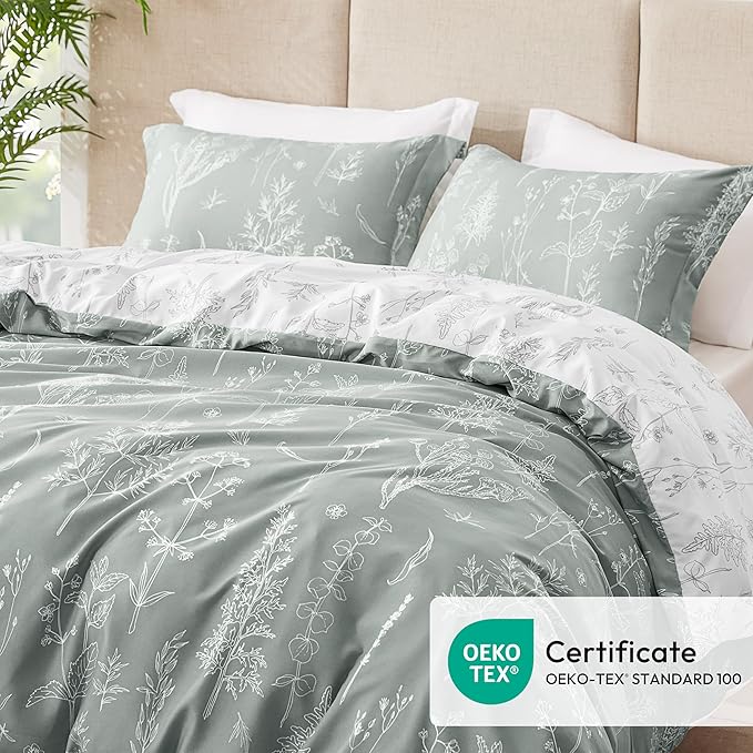 Love's cabin Grey Queen Comforter Set - Queen Size Comforter Set, 3 Pieces Cute Floral Bedding Sets for All Seasons,1 Soft Reversible Botanical Flowers Comforter and 2 Pillow Shams