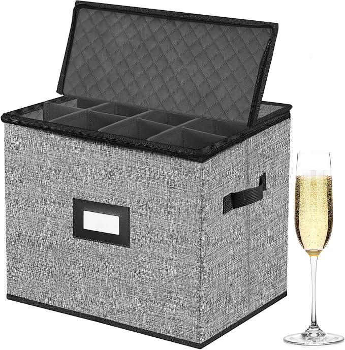 Champagne Flute Storage Box,Quilted Stemware Storage Box Hard Shell,Stackable Champagne Glass Container,Wine Glass, Crystal Glassware, Drinkware Case for Moving Transport(Grey) - Image 7
