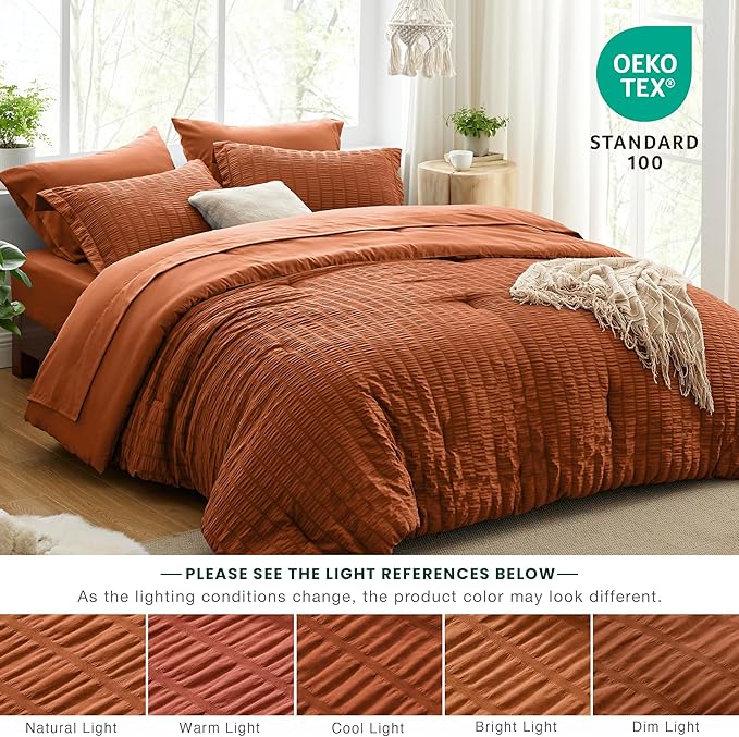 Love's cabin Seersucker Terracotta Twin Comforter Set, 5-Piece All Season Lightweight Bed in a Bag Bedding Set with Comforter, Flat Sheet, Fitted Sheet, Pillowcase and Sham | Soft, Breathable, Lightweight