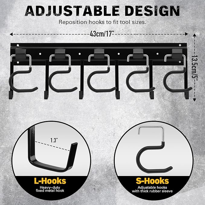 ELEAD 68'' All Metal Adjustable Garden Tool Organizer: Garage Tool Organizer Wall Mount with Black Hooks, Garage Organizers and Storage, Tool Hangers for Shed - Image 2