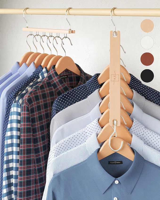 MORALVE Space Saving Hangers for Closet – 4 Pack European Beechwood 6-Tier Shirt Organizer with 360° Swivel Hook – Collapsible Clothes Hanger for Closet Organization (Hangers Not Included) by MORALVE