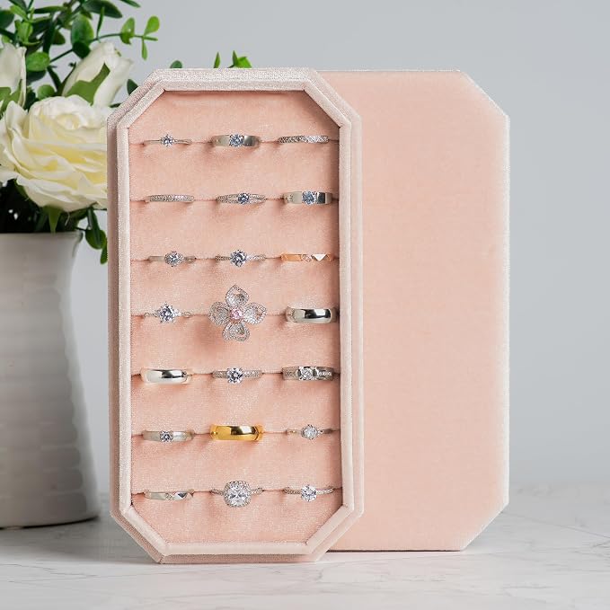 Velvet Ring Organizer Display Tray Jewelry Box Earring Holder Case for Wedding Birthday Christmas Day (Light Pink) - Image 5