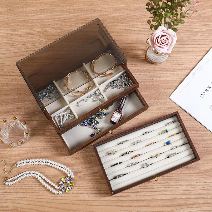 CLUQMEIK 3-layer Wooden Drawer Jewelry Organizers and Storage Box with Grey Acrylic Lid and Velvet Lining, Jewelry Box for Women and Girls to Store Rings Earrings Bracelets Necklaces - Image 2