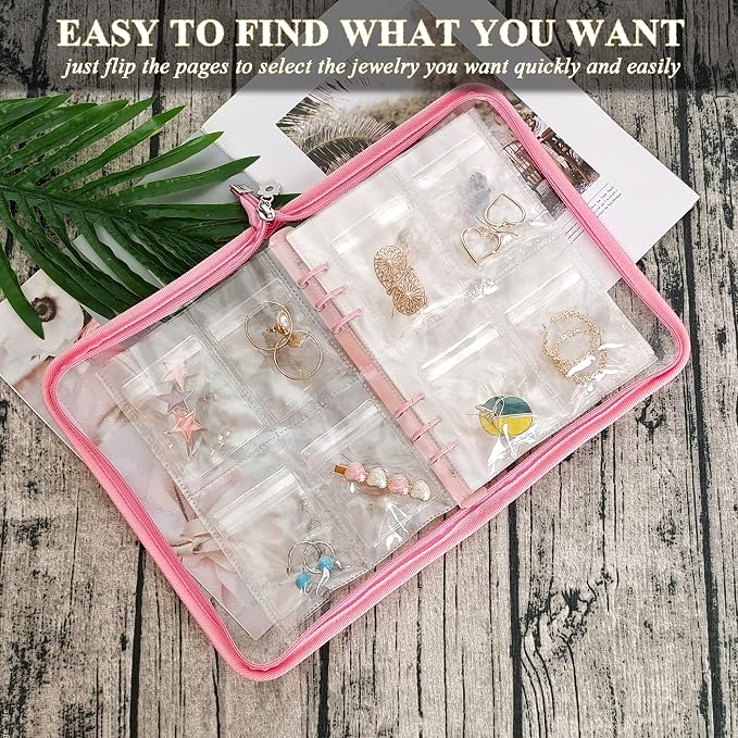 Earring Organizer Case Travel Jewelry Organizer Transparent Jewelry Storage Book for Necklace Bracelet Ring Holder with Small Clear Zippered Pouch - Image 2