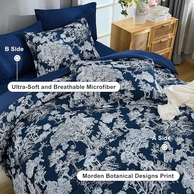 DJY King Size Comforter Sets, 7 Pieces Bed in a Bag King Dark Blue Botanical Comforter Set with Sheets, White Elegant Plants Print Soft Microfiber Reversible Complete Bedding Sets for All Season