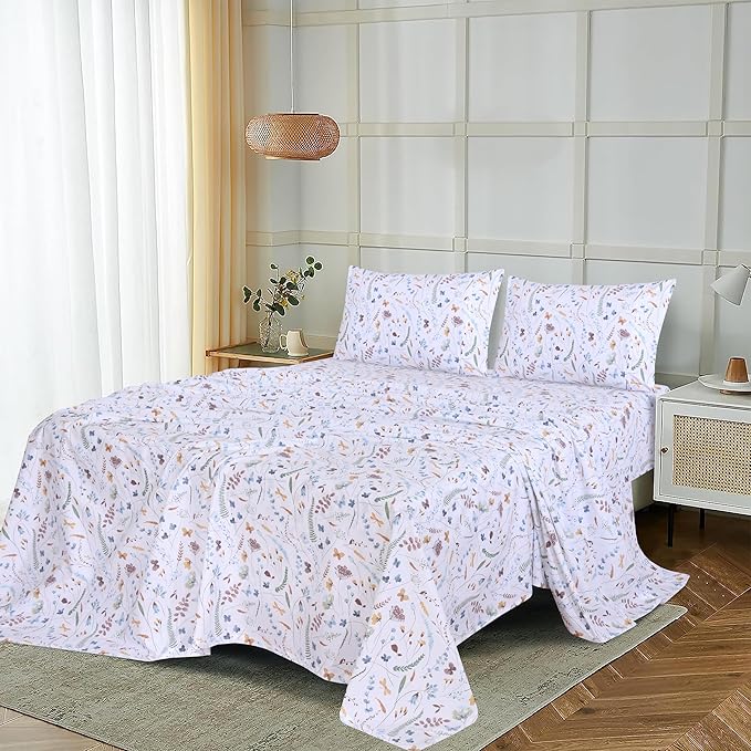 RUVANTI 100% Cotton Sheets – Full Size Percale Bedding, Cooling & Breathable Floral Design, Durable with a Crisp, Soft & Comfortable Feel, 16" Deep Pocket, 4-Piece Set, Fern Class