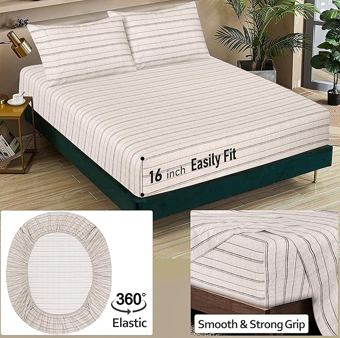 RUVANTI 100% Cotton Sheets – Split King Size Percale Bedding, Cooling & Breathable Floral Design, Durable with a Crisp, Soft & Comfortable Feel, 16" Deep Pocket, 5-Piece Set, Brown Stripes