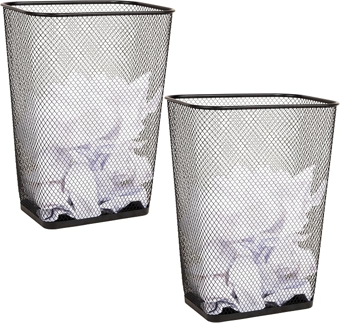 Mind Reader 10 Gallon Executive Waste Paper Bins, Solid Bottom, Non Slip Pads, Office and Home, Metal Mesh, Set of 2, Black by MindReader