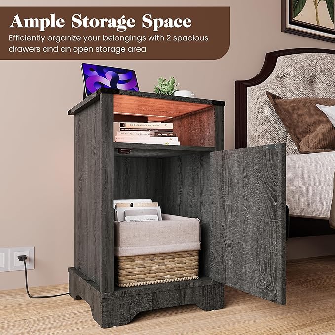 RoyalCraft 25" Tall LED Nightstand with Charging Station, Farmhouse Nightstand with Led Lights, Wooden Rustic Side Table for Bedroom, Dark Grey End Table with Storage