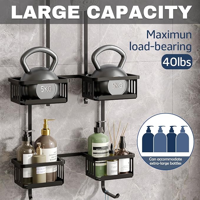 Aluminum Shower Caddy Hanging for Handheld Showerheads, Never Rust Shower Organizer with Hooks Holder Toothbrush Holder，Over Showerhead Caddy for Bathroom, Black - Image 6