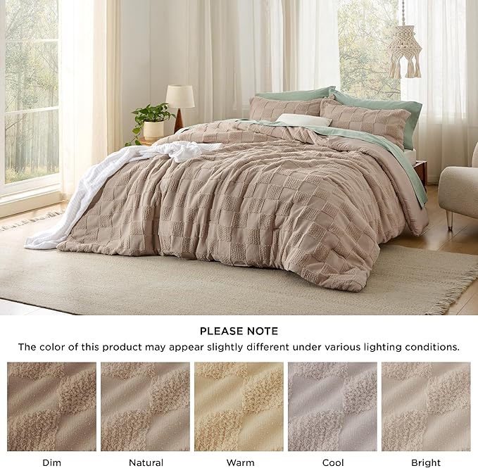 Bedsure Full Size Comforter Set Khaki, Boho Tufted Bed Set, Checkered Farmhouse Shabby Chic Bedding, 3 Pieces, 1 Plaid Geometric Comforter and 2 Pillow Shams