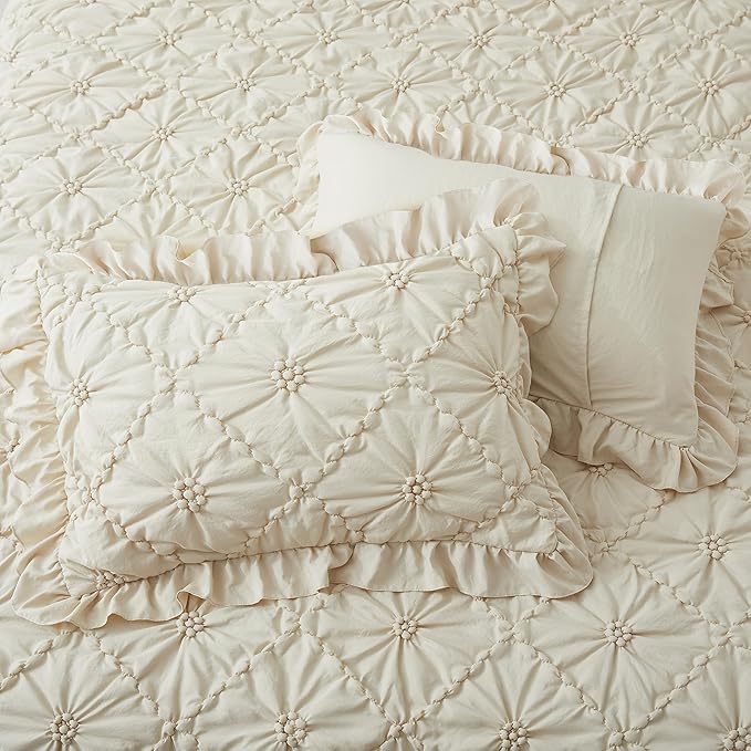 BEDAZZLED Queen Size Comforter Sets, Beige Bedding Comforter Set, 3 Pieces Pinch Pleat Bedding Sets with Comforter and Pillowcases Soft Farmhouse Shabby Chic Comforter for All Season