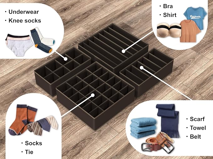 Simple Houseware 4-Pack Drawer Organizer Set - Closet Dividers for Underwear, Socks, Bras, Scarves, Ties - Foldable Non-Woven Storage Boxes, Brown - Image 4
