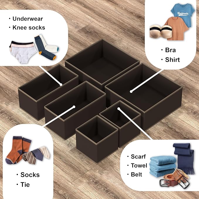 Simple Houseware Underwear Drawer Organizer for Lingerie/Undergarment/Bra/Panty/Sock/Onesie, Set of 6, Brown - Image 4