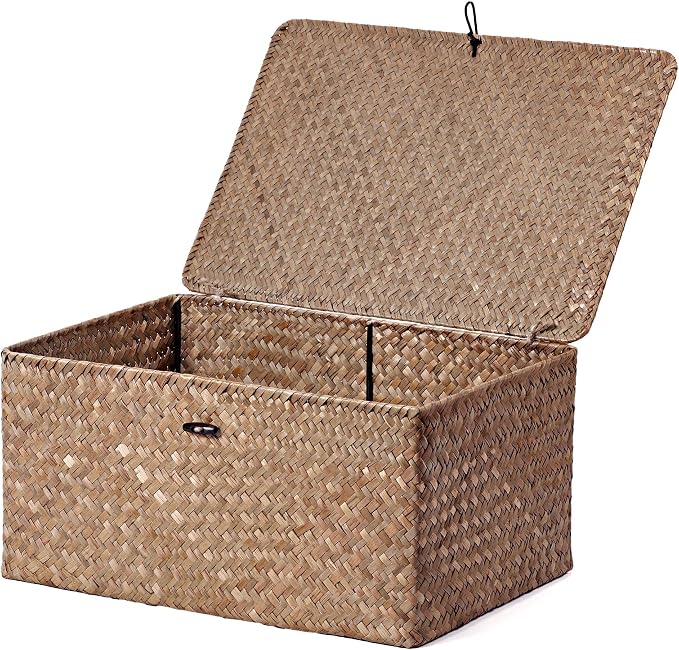 Nonam Seagrass Storage Large Basket with Lid,Wicker Basket Storage Bin with Lid for Shelves,Boho Decor,Handwoven Shelf Basket for Organizing-Storage Container Box for Home Organization-Coffee by Unknown