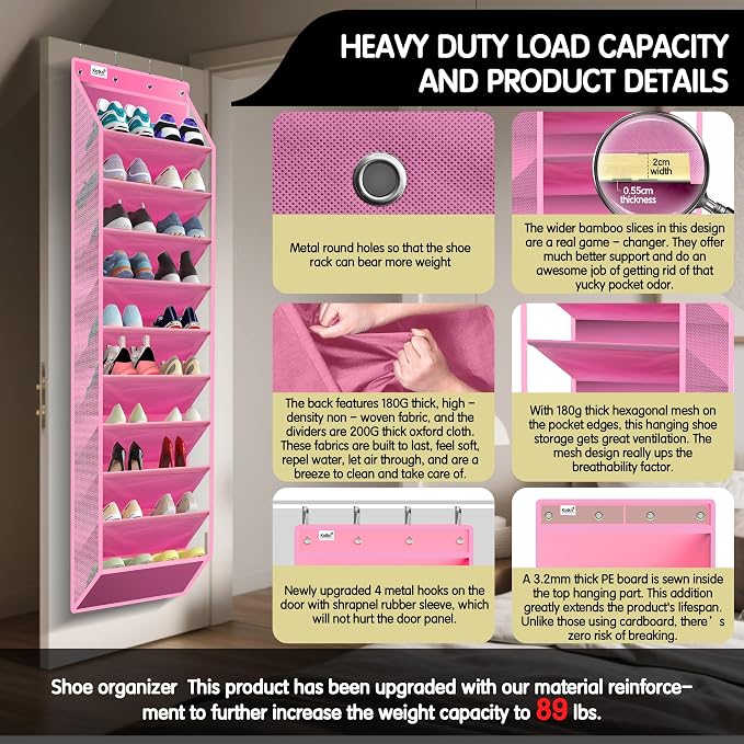 Kotkn 10 Tier Over The Door Organizer - Heavy Duty Hanging Storage Rack with Sturdy Oxford Fabric, Holds 20+ Pairs of Footwear, Boots & Sneakers, Saves 50% Closet Space! (Pink) - Image 3