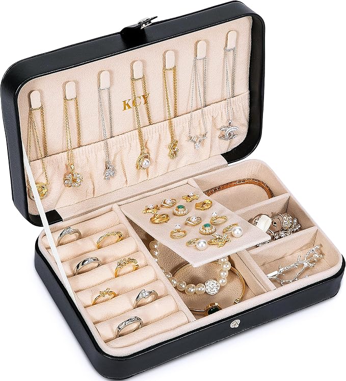 KCY Travel Jewelry Organizer Box for Women Girls, Small Travel Jewelry Case, PU Leather Portable Jewellery Storage Boxes Display Holder for Ring Earrings Necklace Bracelet Bangle, Gifts, Black by KCY