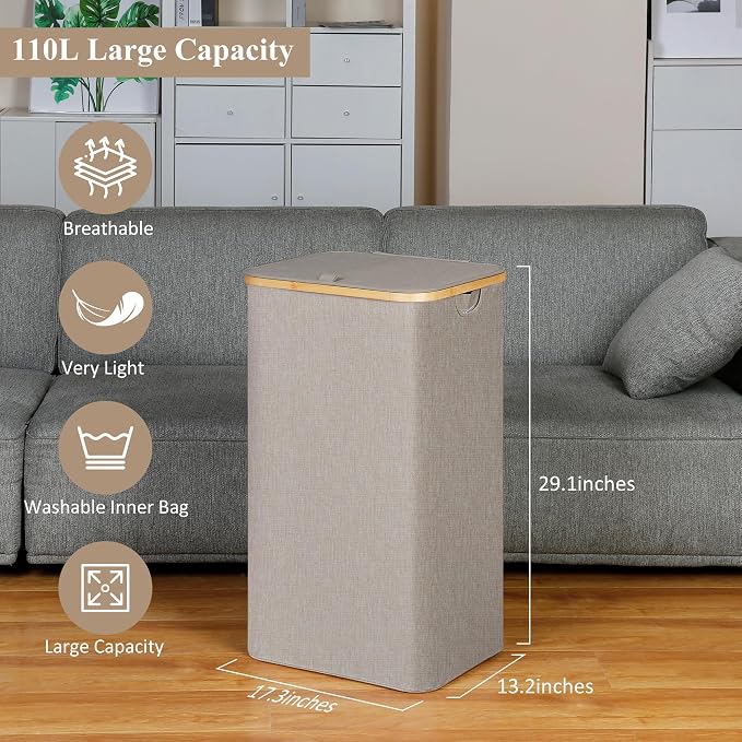IEGrow Laundry Basket with Lid, Large Laundry Hamper with Handle and Lid, Collapsible Clothes Basket Organizer with Removable Inner Bag for Clothes Toys Towels (Oatmeal, 110L) - Image 3