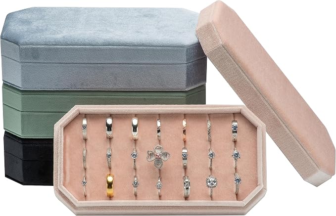 Velvet Ring Organizer Display Tray Jewelry Box Earring Holder Case for Wedding Birthday Christmas Day (Light Pink) - Image 7