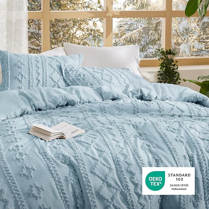 Bedsure Tufted Boho Comforter Set King Size - Light Blue Boho Bed Set, GentleSoft™ 3 Pieces Farmhouse Shabby Chic Embroidery Bedding, Gifts for Woman, Soft Jacquard King Comforter for All Seasons