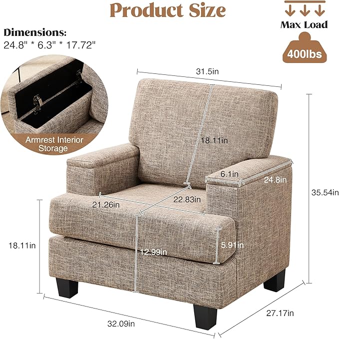 Accent Chair for Living Room, Modern Upholstered Reading Chairs with Armrest Storage, Comfy Large Armchair, Fabric Single Sofa Chair for Bedroom (Yellowish Brown)