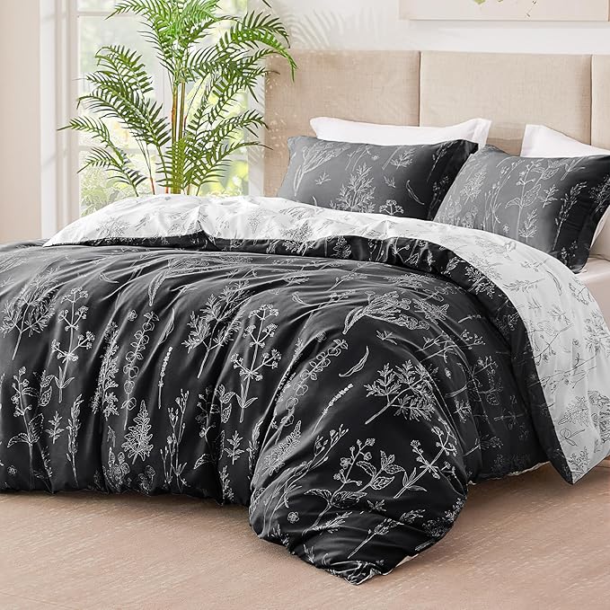 Love's cabin Black Twin Comforter Set - Twin XL Size Comforter Set Dorm Bedding, 2 Pieces Cute Floral Bedding, Soft Reversible Flowers Comforter, 1 Comforter & 1 Pillow Sham