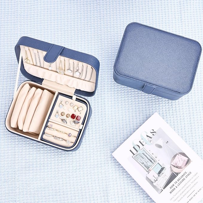 2 Layer Portable Jewelry Box, Large Jewelry Travel Case with 4 Velvet Jewelry Pouches, Medium Size Jewelry Organizer Box for Earrings, Necklaces, Bracelets (dark blue) - Image 5