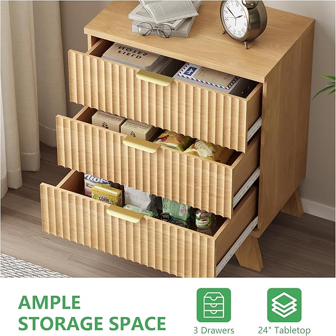 Fluted Dresser for Bedroom with 3 Drawers, 24" Wide Modern Chest of Drawers with Metal Handle, Wooden Dresser TV Stand, Wood Closet Clothes Storage Organizer for Living Room, Hallway, Natural Oak