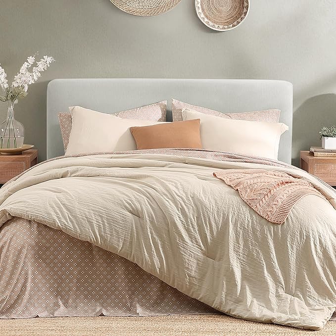 Monbix Queen Comforter Set - 7 Pieces Oatmeal Prewashed Bed in a Bag Queen Bedding Sets with Comforters, All Seasons Ultra Soft Comforter Bed Set with Sheets,Pillowcases & Shams