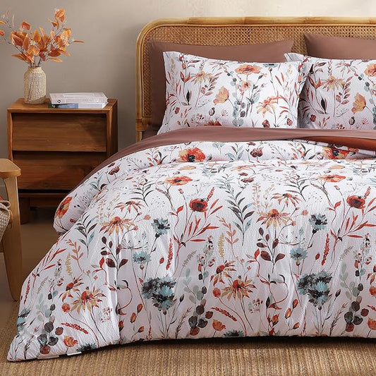 CASAAGUSTO King Comforter Set, 7 PCS White Floral Comforter Set with Terracotta Flowers Leaves Pattern, Soft Seersucker Design All Season King Bedding Set(102"X90")