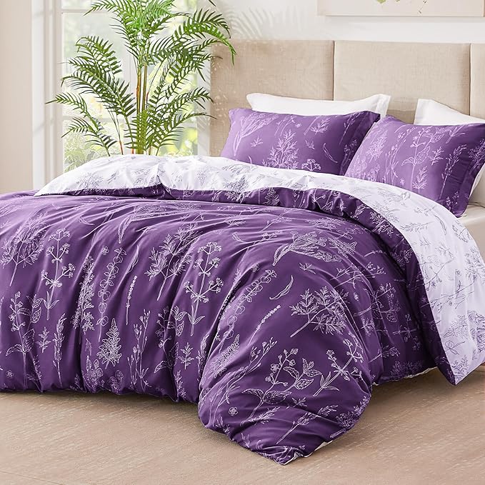 Love's cabin Dark Purple Comforter Set Queen - Queen Size Comforter Set, 3 Pieces Cute Floral Bedding Sets for All Seasons,1 Soft Reversible Botanical Flowers Comforter and 2 Pillow Shams