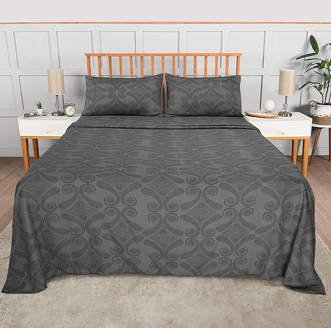 Utopia Bedding Queen Sheet Set, Soft Microfiber 4 Piece Bed Sheets with 15" Deep Pocket - Easy Care Brushed Microfiber (Paisley - Grey)