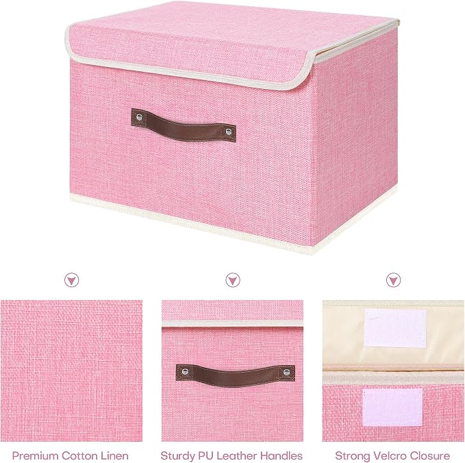 ANMINY 4PCS Storage Bin with Lid Storage Boxes with PU Leather Handles PP Plastic Board Decorative Foldable Lidded Cotton Linen Fabric Home Cubes Baskets Closet Organizer Container - Pink, Medium - Image 4