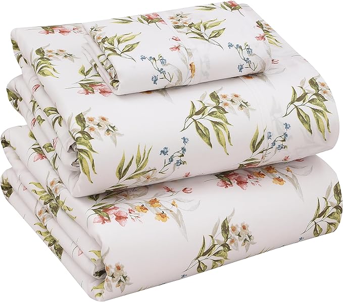 RUVANTI 100% Cotton Sheets – Twin XL Size Percale Bedding, Cooling & Breathable Floral Design, Durable with a Crisp, Soft & Comfortable Feel, 16" Deep Pocket, 3-Piece Set, Floral Bliss