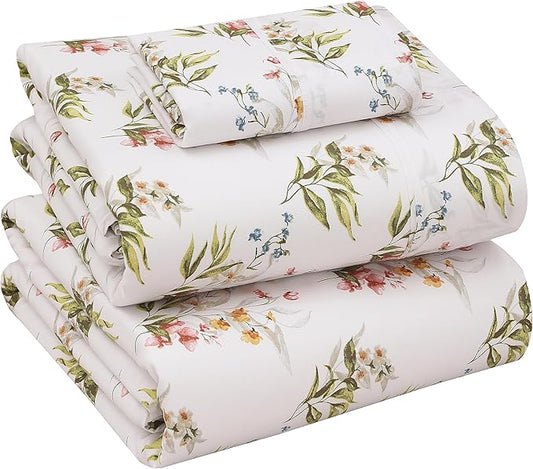 RUVANTI 100% Cotton Sheets – Twin XL Size Percale Bedding, Cooling & Breathable Floral Design, Durable with a Crisp, Soft & Comfortable Feel, 16" Deep Pocket, 3-Piece Set, Floral Bliss