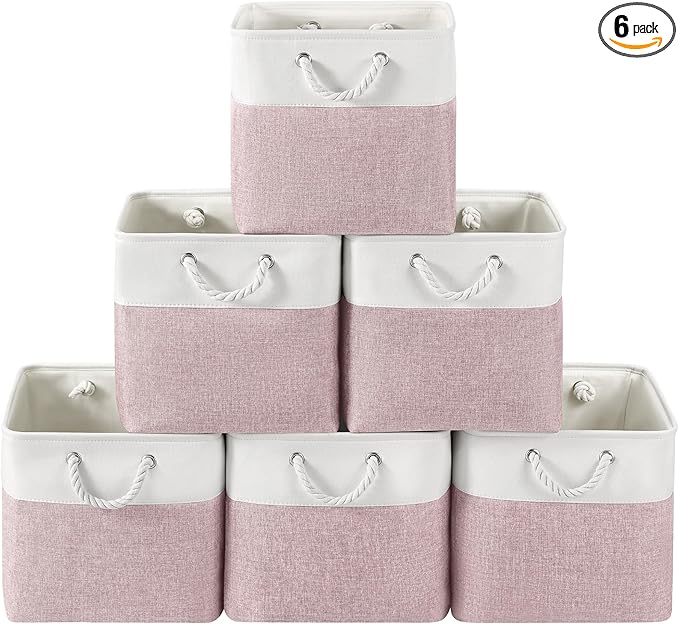 13 x 13 Inch Cube Storage Bins, 6 Pack Fabric Storage Basket with Handles, Foldable Boxes Organizer for Shelf Baskets for Home, Clothes (White/Pink) by VQRTEXAStorageBasket