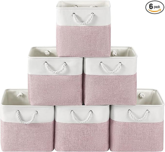 13 x 13 Inch Cube Storage Bins, 6 Pack Fabric Storage Basket with Handles, Foldable Boxes Organizer for Shelf Baskets for Home, Clothes (White/Pink) by VQRTEXAStorageBasket