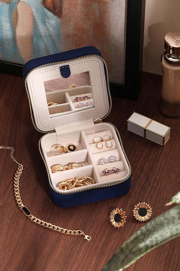 S.Leaf Travel Jewelry Organizer Boxes for Women Small Portable Necklace Earrings Bracelet Rings Travel Case Best Friend Birthday Gifts for Women Trendy (06_Suede_Touch_Navy) - Image 3
