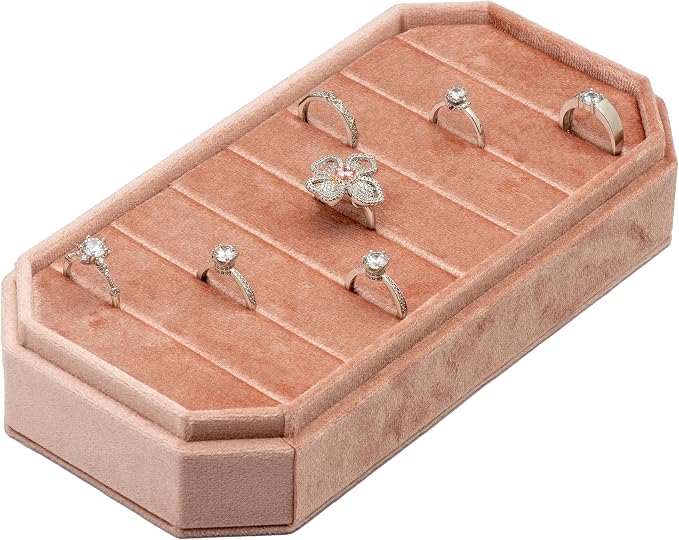 Velvet Ring Organizer Display Tray Jewelry Box Earring Holder Case for Wedding Birthday Christmas Day (Blush Peach) - Image 2