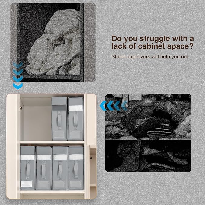 DIMJ Bed Sheet Organizers and Storage 6 Pack - Foldable Sheet Holder, Linen Closet Organizer Box for Sheets Set, Bedding, Blankets, Towel (King & Queen Size), Grey - Image 6