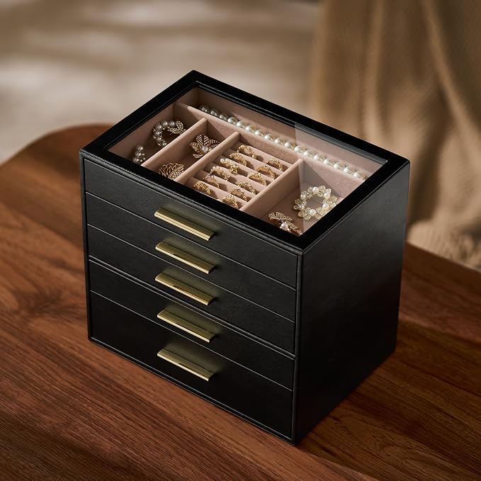 pickpiff Jewelry Box Organizer Case for Women: 5-Layer Jewelry Storage Case with Glass Window, Black Leather with Blush Velvet, Holder for Ring Necklace Bracelet Brooch Watch, Great Gift for Her - Image 8