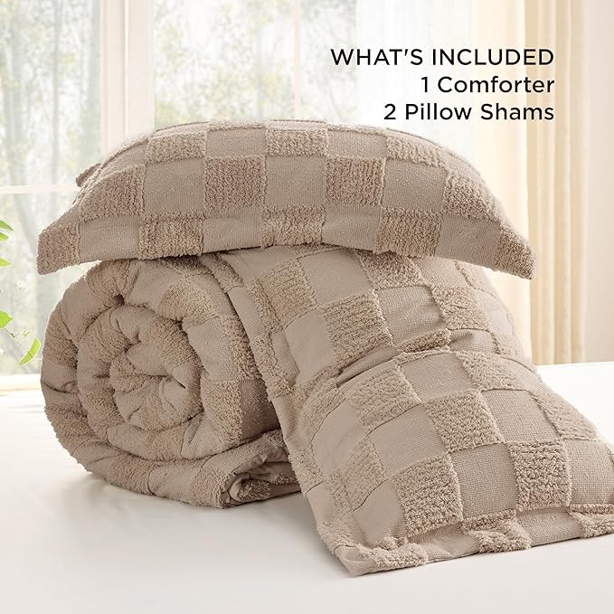 Bedsure King Size Comforter Set Khaki, Boho Tufted Bed Set, Checkered Farmhouse Shabby Chic Bedding, 3 Pieces, 1 Plaid Geometric Comforter and 2 Pillow Shams