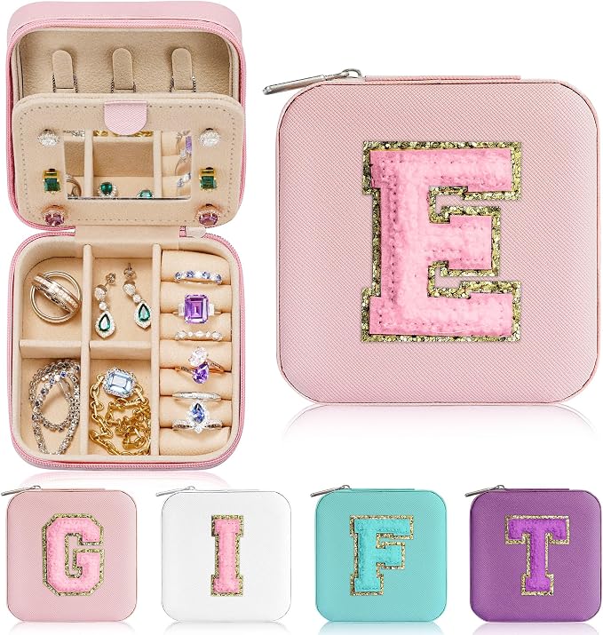 Parima Gifts for Friends Sister - Travel Must Have Jewelry Organizer Case Gift for Women Girls Jewelry Box | Graduation Gifts for Friends Female | Travel Essential - Letter E, Pink by PARIMA