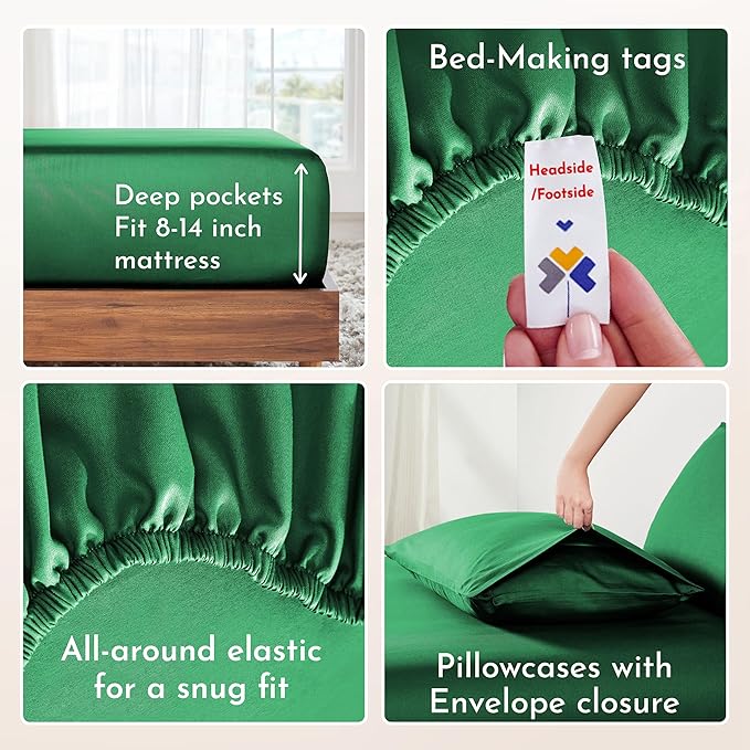 California Design Den King Size Sheets Set - Natural 100% Cotton Bed Sheets King Size Set with Deep Pockets, Soft Sateen Weave, Breathable and Durable Bedding (Emerald Green)